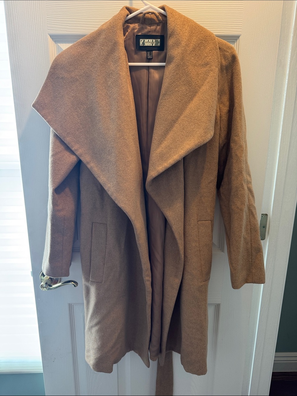 Classic Camel Wrap Trench Coat with Shawl Collar